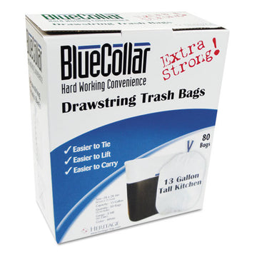 BlueCollar Drawstring Trash Bags, 13 Gal, 0.8 Mil, 24" X 28", White, 80-box freeshipping - TVN Wholesale